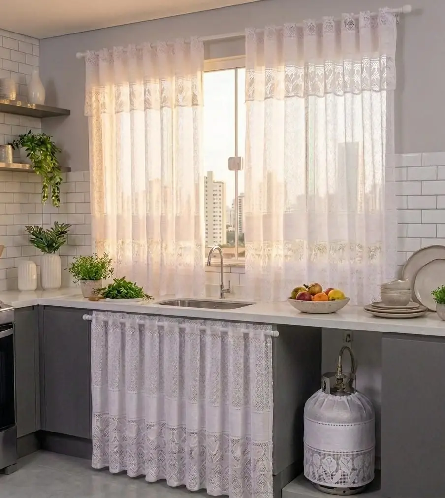 Kit Cortinas de Cozinha Renda Cortina Janela 1,20x2,20m - Cort Pia 0,80x1,50m + Capa de Botijão Decoração Tulipa Branca - SouTextil