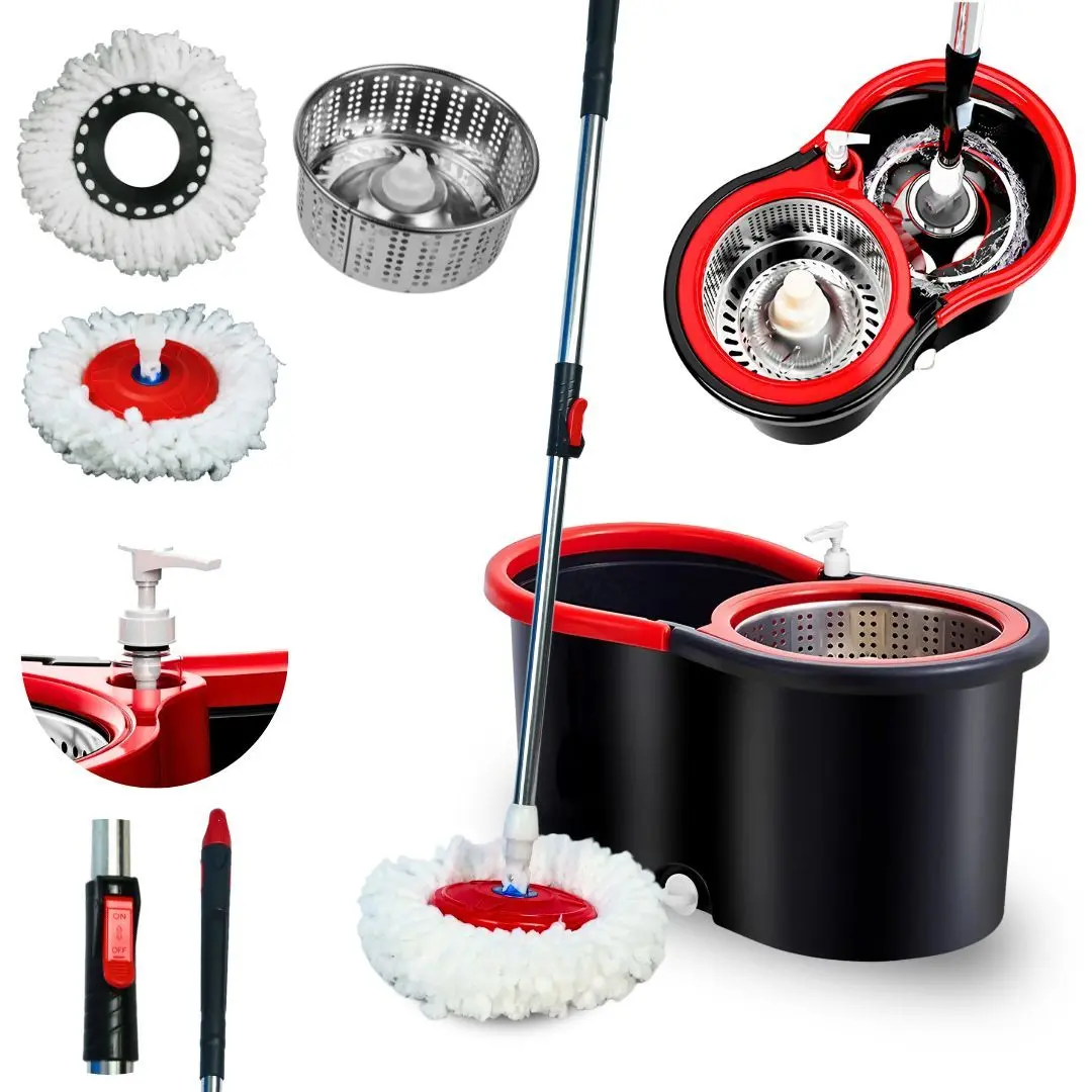 Mop Giratorio Cabo de 140 cm 2 Refis Balde Centrífuga Cesto Em Inox Nybc