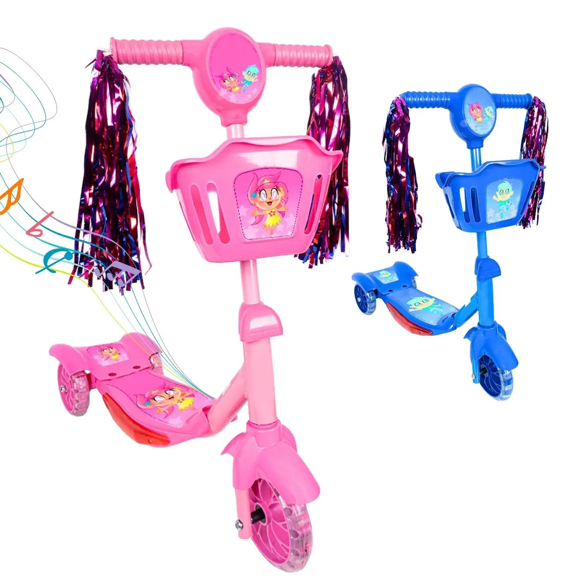Patinete Infantil 3 Rodas com Led Som e Cesta Menino Menina - ATENTU