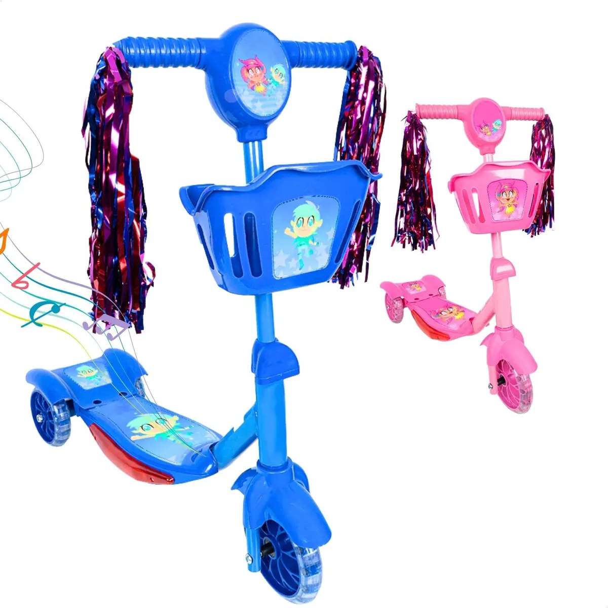 Patinete Infantil 3 Rodas com Led Som e Cesta Menino Menina - ATENTU