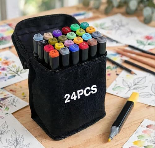 🛍️Kit de 24 Canetas Marcador Permanente Ponta Dupla Coloridas para Desenho Profissional Escolar Infantil com Estojo Organizador Base Artista Canetinhas Hidrográficas Alcool Caneta