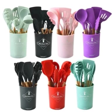 Kit de utensílios de cozinha/12 peças Utensílios de cozinha Silicone Decoração de madeira sem BPAVer produto