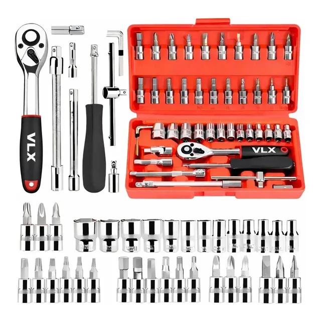 Kit Ferramentas 46 Peças Com Soquetes e Chaves Para Carro e Casa Vlx Vermelho