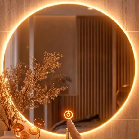 Espelho Redondo Touch Com Led Sem Fio 90cm Bateria Decoração Led Amarelo
