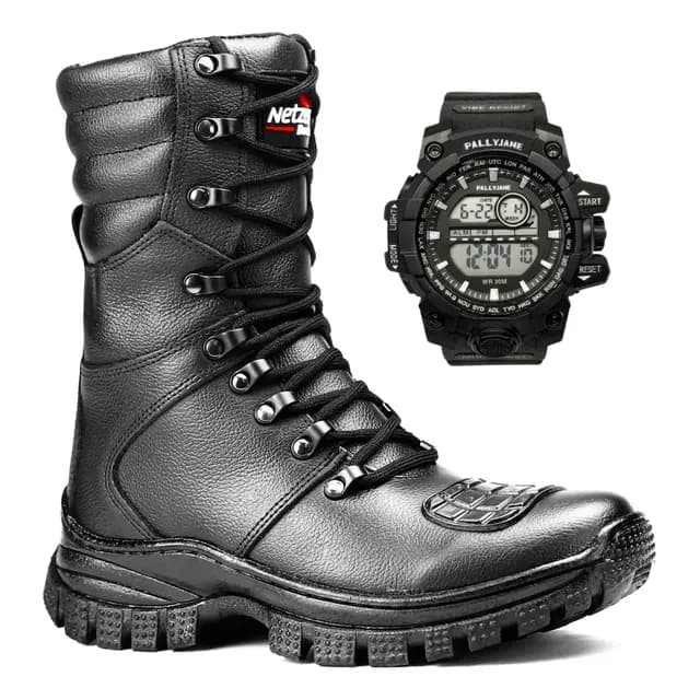 Bota Coturno Militar Couro Legitimo Kit Com Relógio Digital