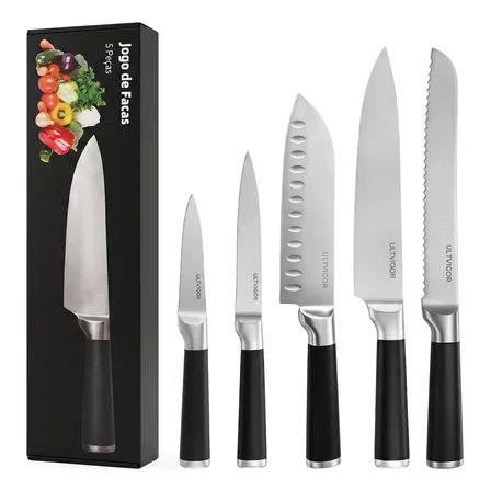 Conjunto De Facas Profissional Cozinha Premium Inox 5 Peças Preto