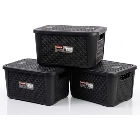 Kit 3 Caixas Organizadoras Com Tampa Multiuso 28,5cm Preto Rattan