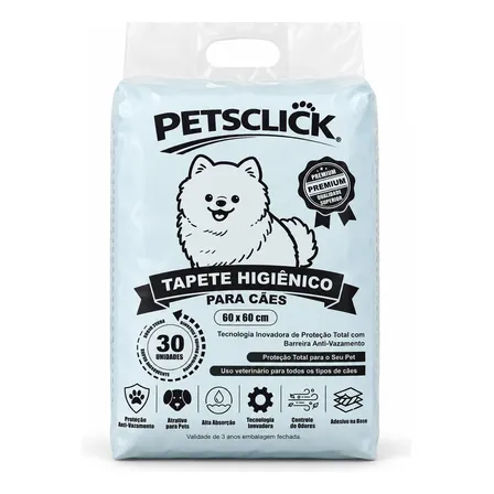 Tapete Higiênico Petsclick 60x60 Para Cães Pack 30 Unidades Branco