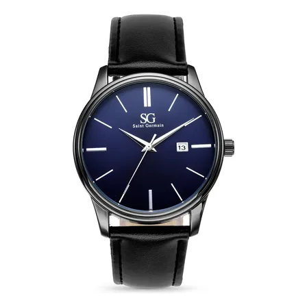 Relógio Masculino Preto Saint Germain Correia De Couro Preto Caixa Preta Fundo Azul Marinho 42mm Elegante Clássico