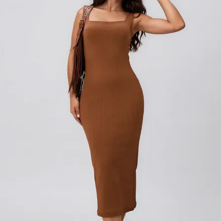 Vestido Longo Alça Grossa Festa Fenda Moda Elegante Casual Marrom Lisa G/gg (42/44)