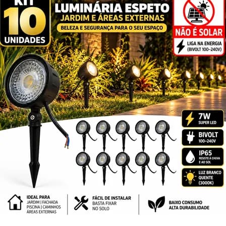 Kit 10 Luminária Espeto Jardim Super Led 7w Ip65 Prova Dágua 127/220v Preto /refletor Espeto Jardim Super Led 7 Branco Quente W Prova Dágua Branco-quente