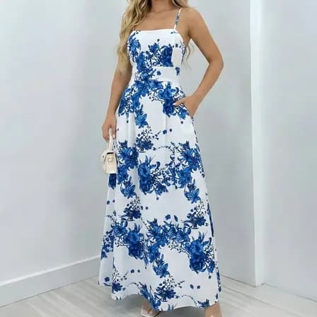Vestido Longo Feminino Alças Fina Estampa Folhas Moda Verão Azul-flor Único