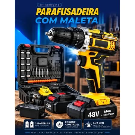 Parafusadeira Furadeira C/ 2 Baterias Maleta Kit Completo Led Eixo Flexível Vários Níveis Torque Simake