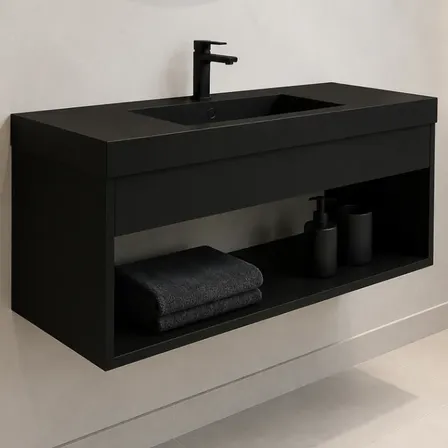 Gabinete Lavabo Suspenso Com Cuba E Nicho Largura De 64cm Preto Um Furo