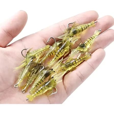 Kit 20 Isca Camarão Artificial Aromatizado Soft Anzol Pesca Amarelo