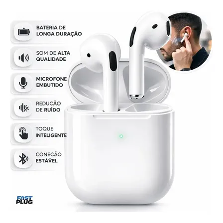 Fone De Ouvido Bluetooth Sem Fio Bateria de Longa Duração Pro 4 Branco Conecta Rápido Fast Plug Com Case Carregador E Microfone