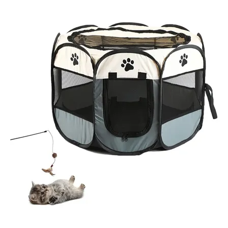Cercado Casinha Pet Dobrável Portátil Cães Gatos L 114x58cm Cinza