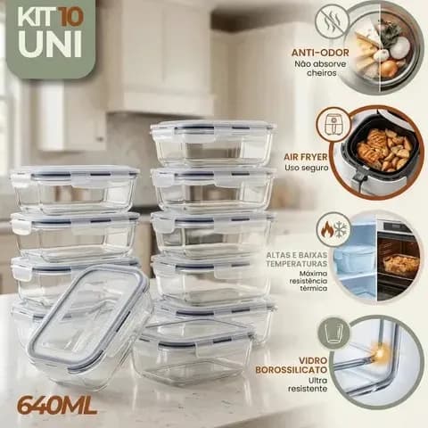 Kit 10 Potes Vidro Hermetico Vai Ao Forno Microondas 640ml Marmita Hermético Freezer Fitness Rishon