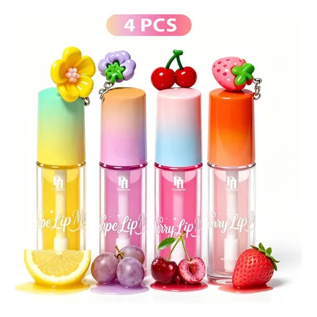 4pcs Mel, Uvas, Cerejas, Morangos Kit De Gloss Labial Glos Fúcsia