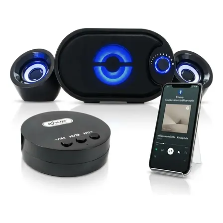 Caixa de Som p/ computador e notebook Subwoofer Knup KP-6018BH 2.1 Bluetooth LED 11W Preto USB