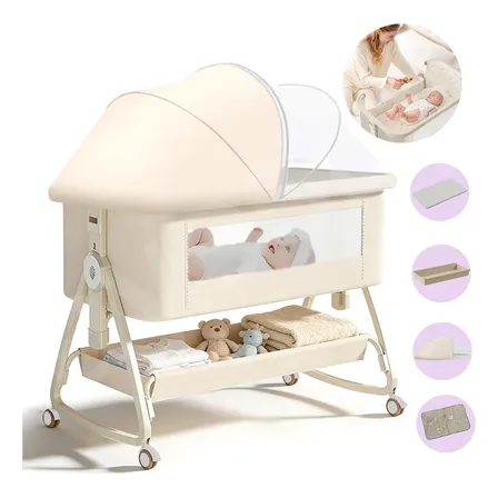 Berco Bebe Portatil Retratil Acoplado Moise Balanço Infantil Bebê Berço Bege