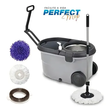 Esfregão Perfect Pro Mop Move 16L Cinza Cabo Inox Alça Roda 3 Refis