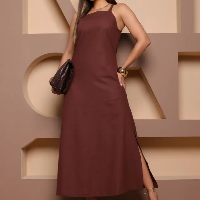 Vestido Longo De Linho Fenda Lateral Festa Alça Regulável