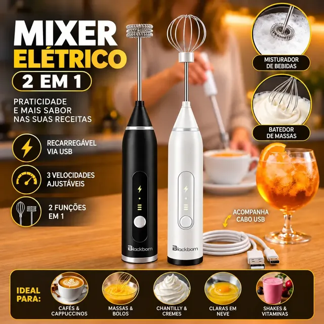 Mini Mixer Misturador De Bebidas Elétrico 2 Em 1 Portátil Recarregável Mexedor De Ovos Leite Whey Café Espuma Shake Drinks Capuccino Suco Blackbom