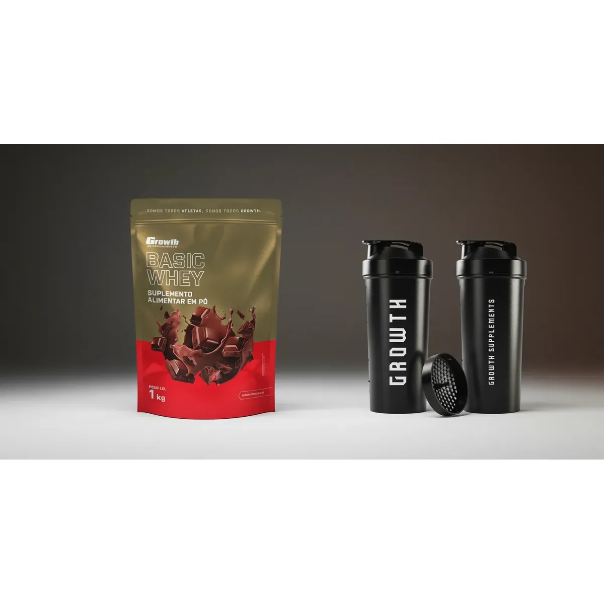 Kit Growth: Whey Protein Basic Chocolate 1kg + Coqueteleira Shaker Academia Preta 600ml