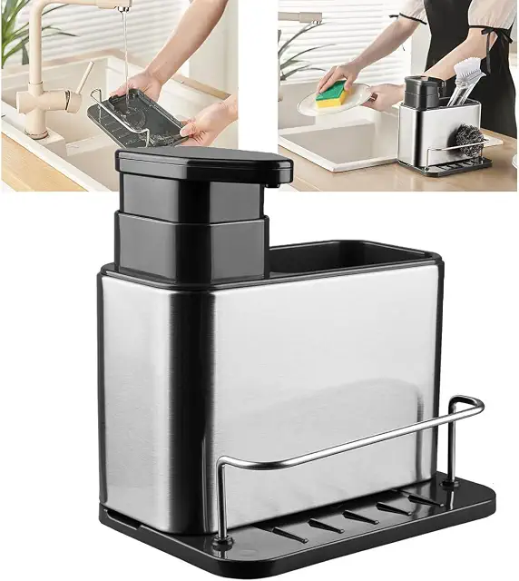 Dispenser Porta Detergente Escorredor Esponja 3 Em 1 Inox Cozinha Pia Balcao Limpeza Higiene Escorre Talher Louça